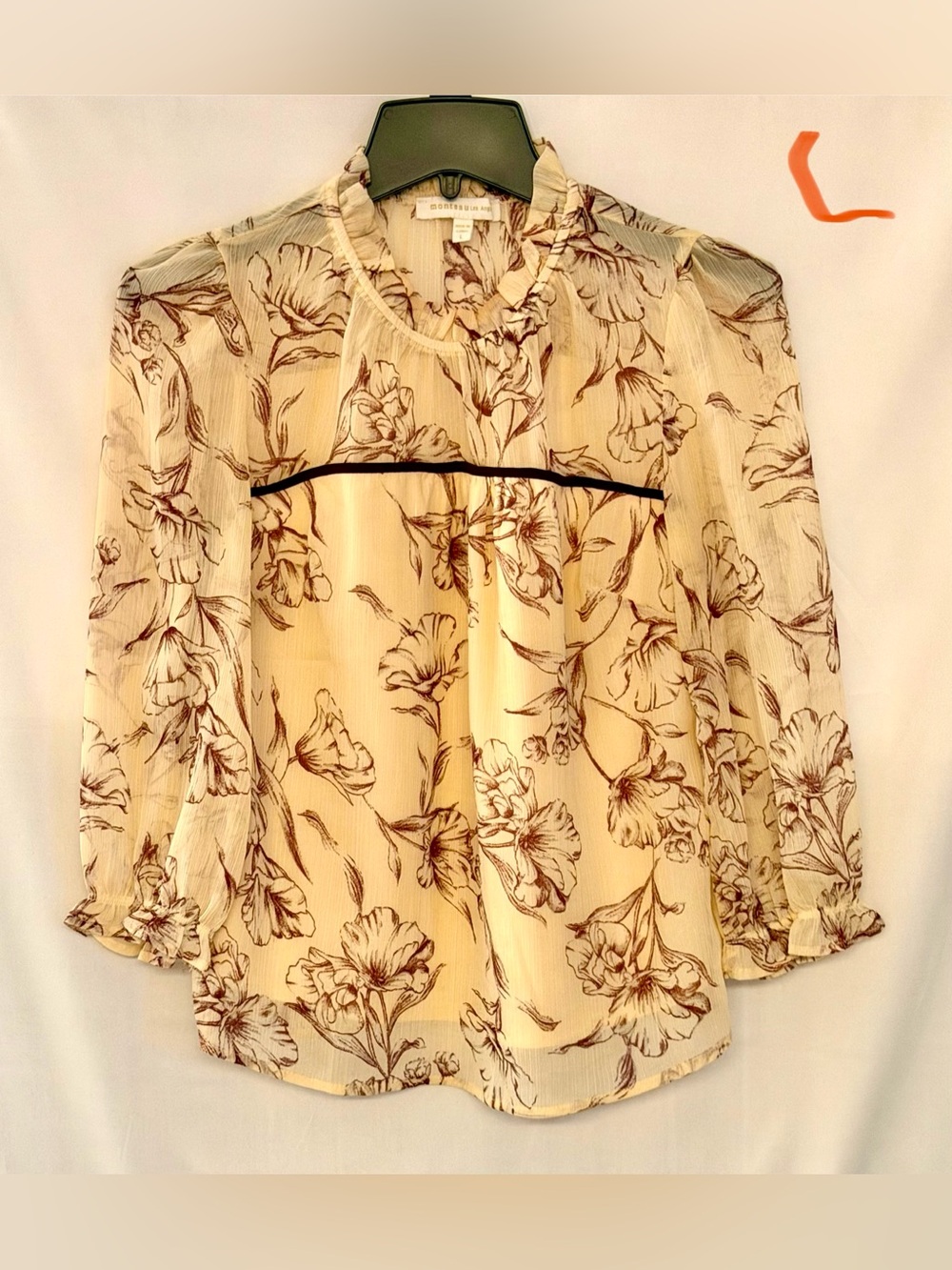Monteau Cream Floral Print Ruffle-Neck Blouse